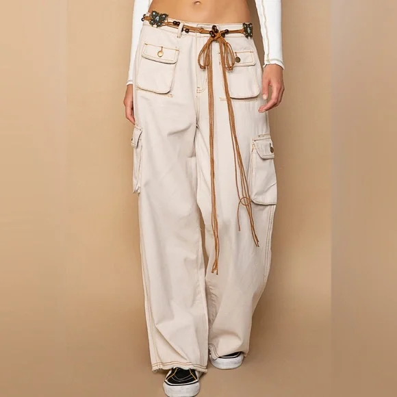 POL Almond Cream Slouchy Cargo Pocket Wide Leg Elastic Waist Paints - Picture 1 of 3